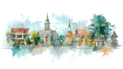 Obraz premium Watercolor illustration of a peaceful Asian cityscape.