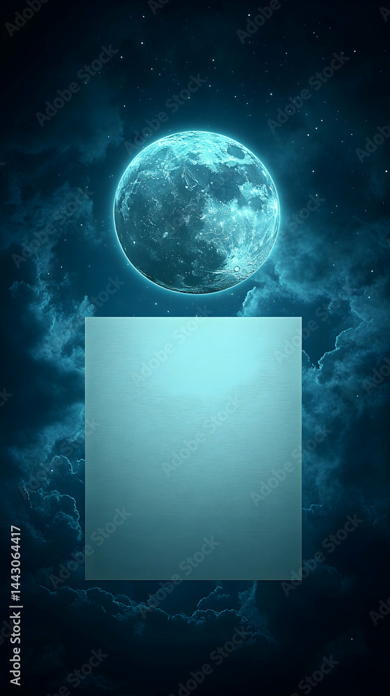 Poster moon hangs over a cloudy starry expanse above a rectangular blank space for text or design