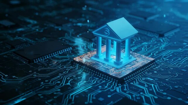 Digital Banking Technology - A 3D rendering of a glowing blue bank building icon situated on a computer circuit board