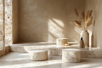 Minimalist beige background with stone pedestals and shadows for cosmetic or beauty product presentation.