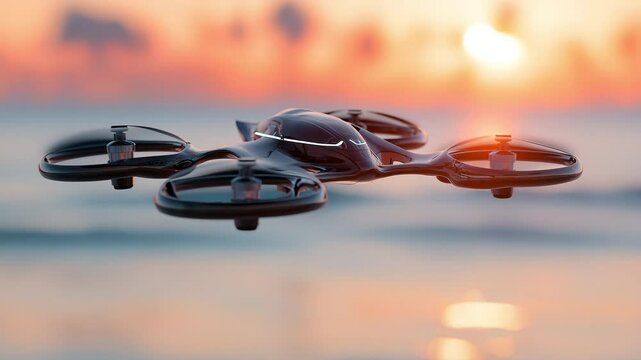 Sleek futuristic drone skimming above ocean waves during golden hour, shot in close-up with warm sunlight glinting off smooth surfaces and shallow depth of field