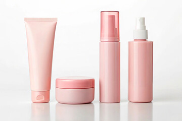 Pink Cosmetic Product Set on White Background