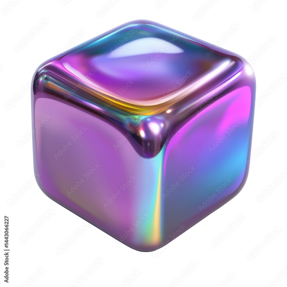 Poster bright iridescent metallic cube with smooth reflective surface displaying vibrant colors and modern 