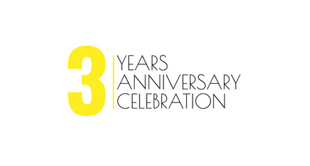 Celebrating three years: anniversary celebration with yellow number and thin black letters on a clean white background.
