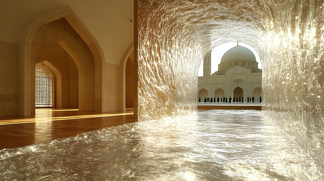 Mosque viewed through artful water feature people line up outside Arched hallways visible to the left