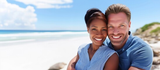 Portrait of a joyful interracial couple embracing and smiling at a sunny beach, representing love, diversity, happiness, and summer vacation togetherness