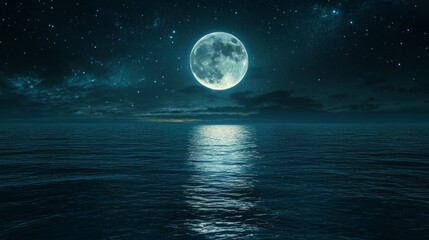 Full Moon Over Dark Blue Ocean at Night with Starry Sky