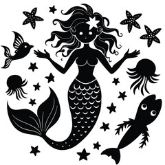"Whimsical Mermaid Silhouette Vector Collection with Magical Sea Creatures and Ocean Fantasy Elements"