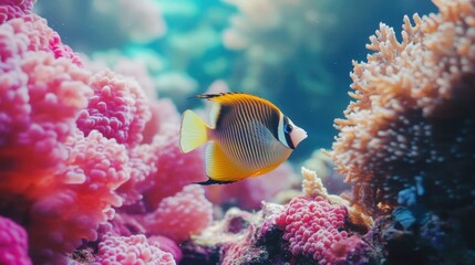 Vibrant underwater scene featuring a butterflyfish swimming amidst colorful coral reefs creating a captivating marine ecosystem with bright colors and serene ambiance