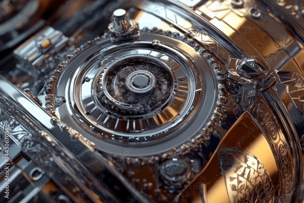 Poster intricate silver and gold metallic mechanism close up with ornate details and shiny reflective surfa