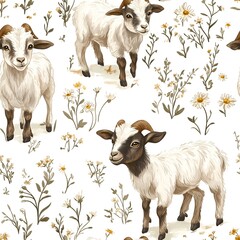 Seamless pattern of so cute goat cartoon with flower and leaf. Generative AI