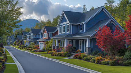 Naklejka premium Modern suburban street with beautiful homes and vibrant landscaping, evoking peaceful atmosphere