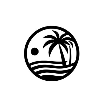 Minimalist Tropical Circle Logo: Palm Trees, Sun, Waves - Simple Black & White Beach Icon for Travel & Vacation Branding
