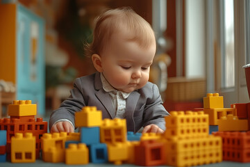 Adorable baby in blazer concentrates playing with colorful building blocks on a table indoors