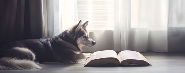 Husky dog rests by a window reading an open book