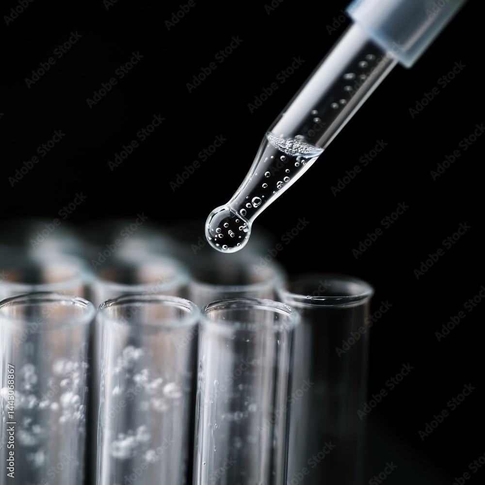 Poster precise laboratory analysis featuring pipette and test tubes against a stark black background scienc