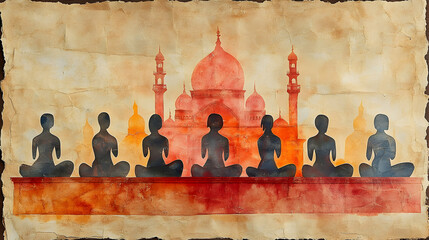 Silhouetted figures meditate with a red building in the background set on an antiqued textured paper