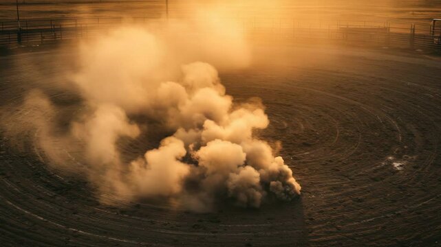 Dust Cloud in Rodeo Arena at Sunset - A large plume of dust billows from the center of a rodeo arena at sunset.  The circular tire tracks of the arena are visible in the surrounding dirt. Golden hour