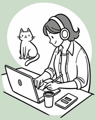 Young Woman Working From Home with Cat Cartoon Illustration
