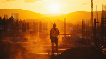 Fototapeta premium Golden hour silhouette at construction site