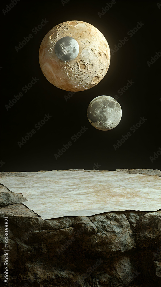 Poster two moons are floating in dark sky above old parchment paper lying on a cliff edge in surreal compos