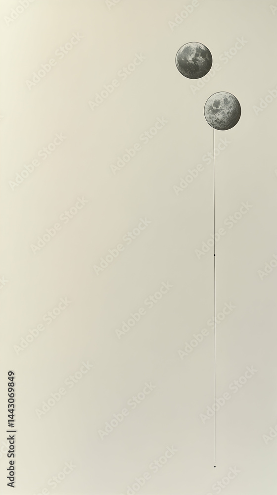 Poster two moons one on a string float against a beige background with the string reaching to a dot on the 