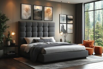 Fototapeta premium Modern gray fabric headboard bed frame with low-profile footboard, soft linen or velvet material in a sleek bedroom setting, ideal for small apartments.