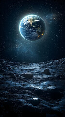 View of Earth from a stark cratered moon surface under a dark sky full of shining stars