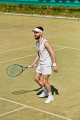 Handsome male athlete in white sportswear enjoying a summer tennis match on the court