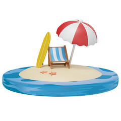 3D illustration of a tropical beach scene with deck chair, surfboard, red and white umbrella, and starfish on sandy island
