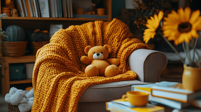 Cozy armchair with yellow knit blanket and teddy bear a cup books and vase of sunflowers nearby