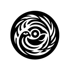 Tribal Style Bird Logo in Circle - Black and White Graphic Emblem