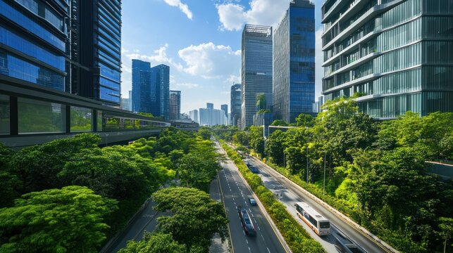 Modern city skyline with lush green trees and busy highway creating a balance between nature and urban life