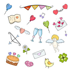 Love set. Cartoon illustrations with heart elements. Dating and marriage decoration.