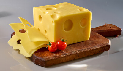 Emmentaler am Stueck und in Scheiben, Käse, Käsestück, Schweiz, 