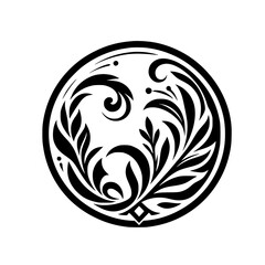 Elegant Black & White Ornamental Circle Emblem with Abstract Floral Swirls and Leaves - Classic Vector Design Element