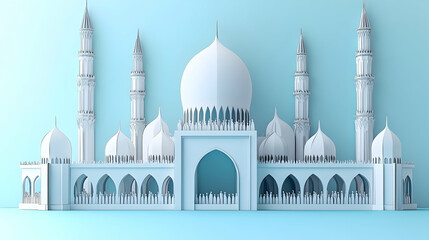 Fototapeta premium A serene view of a white mosque with minarets and domes against a light blue backdrop