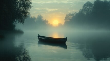 Serene Sunrise: A Solitary Boat on a Misty Lake