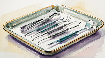 Detailed watercolor illustration of dental tools on a tray