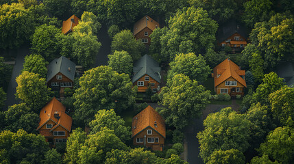Fototapeta premium Aerial view of serene housing estate nestled among lush greenery, evoking tranquility
