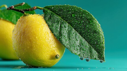Fresh lemons with water droplets on a green backdrop for healthy eating