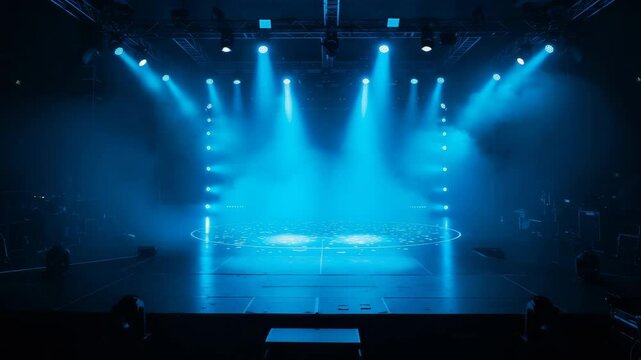 Empty Stage with Blue Lighting - An empty stage is illuminated by bright blue spotlights, creating a dramatic and atmospheric scene.  The stage is dark except for the focused lighting