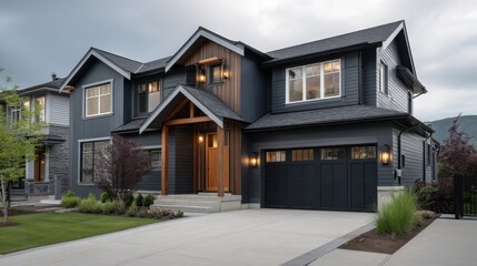 A large, modern house with a black roof and a black garage door