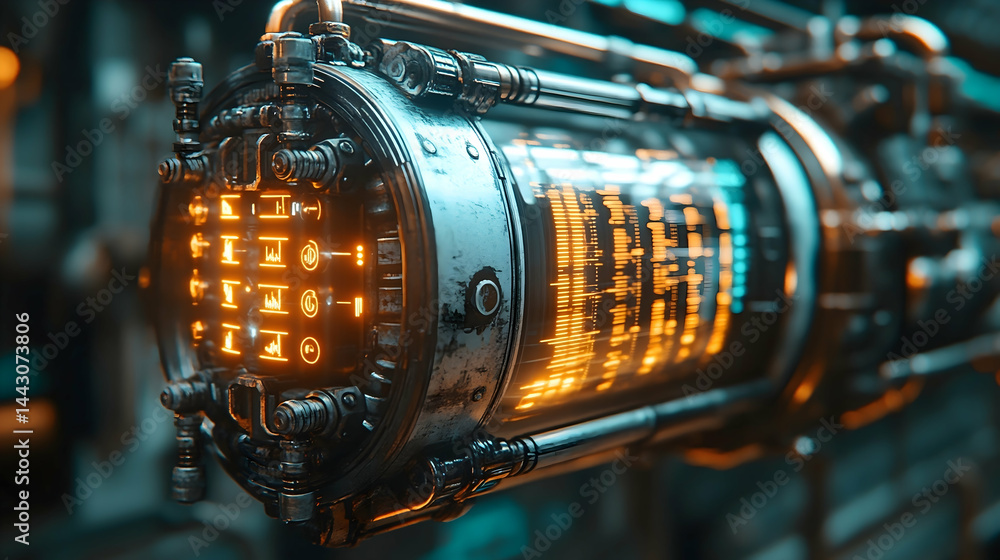 Poster complex mechanical device with intricate pipes and glowing display screen
