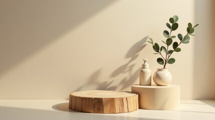Serene Minimalist Product Display with Natural Elements and Soft Lighting on Neutral Background