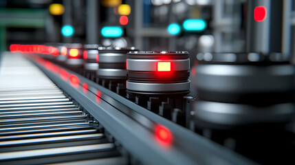 A under 200 characters: Automated factory conveyor belt with metallic components and red indicator lights, showcasing advanced industrial automation and precision manufacturing.