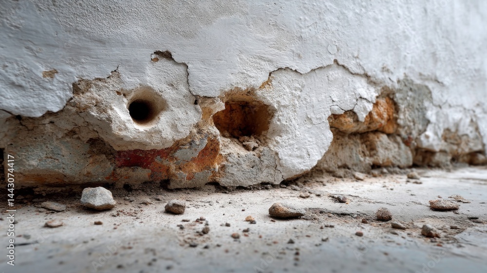 Poster under the soft light of dusk, a weathered wall displays an intricate pattern of cracks and holes. th