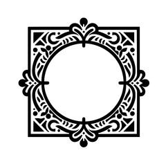 Elegant Black Ornate Frame. Intricate Square Border with Circular Opening and Symmetric Flourish Decoration. Classic Graphic Design Element.