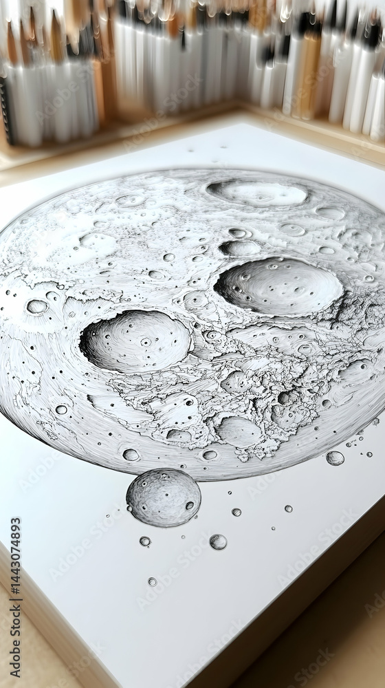 Poster detailed sketch of a moon with craters capturing its rugged surface and desolate beauty with small s