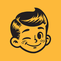 A vintage, black-and-white illustration of a smiling boy's face. winking, with freckles, isolated head on a solid orange background. Vector